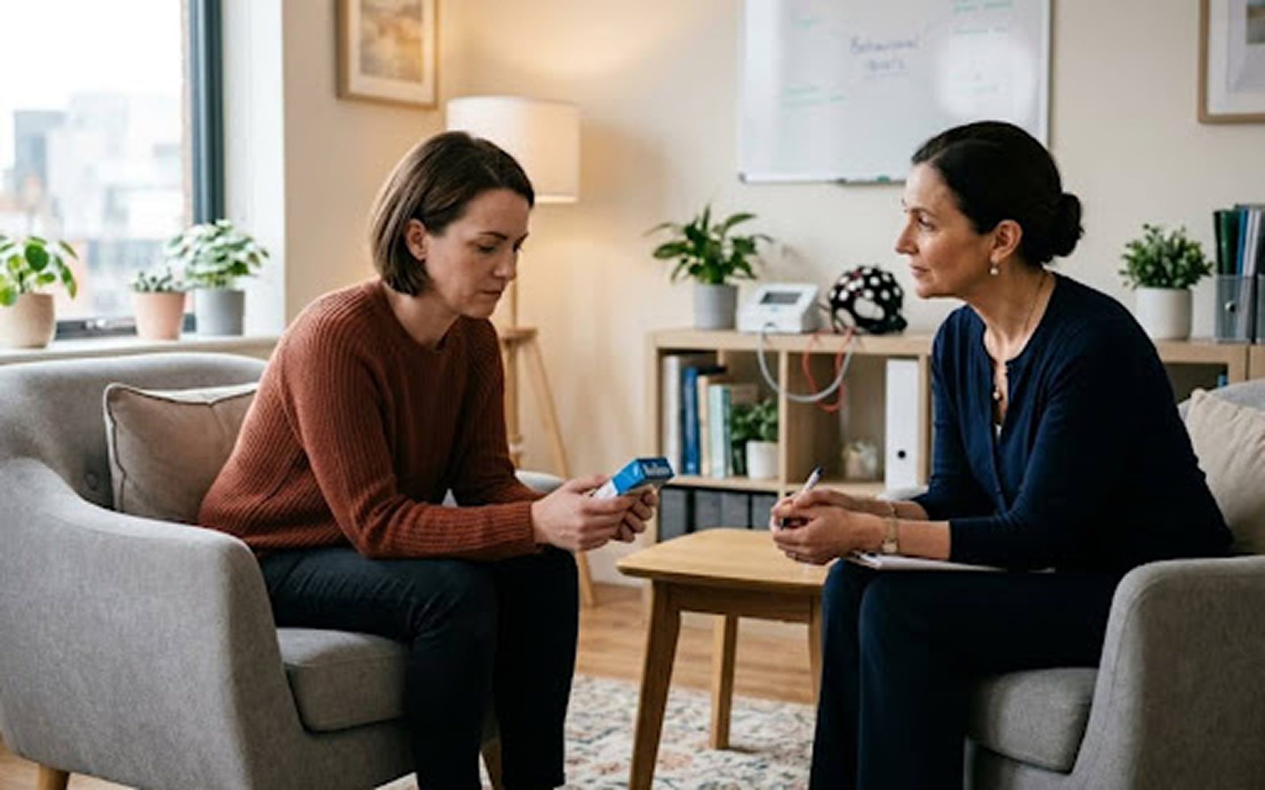 Doctor consulting a patient about brain stimulation therapy, what conditions is TMS FDA-approved for informs clinical conversations.