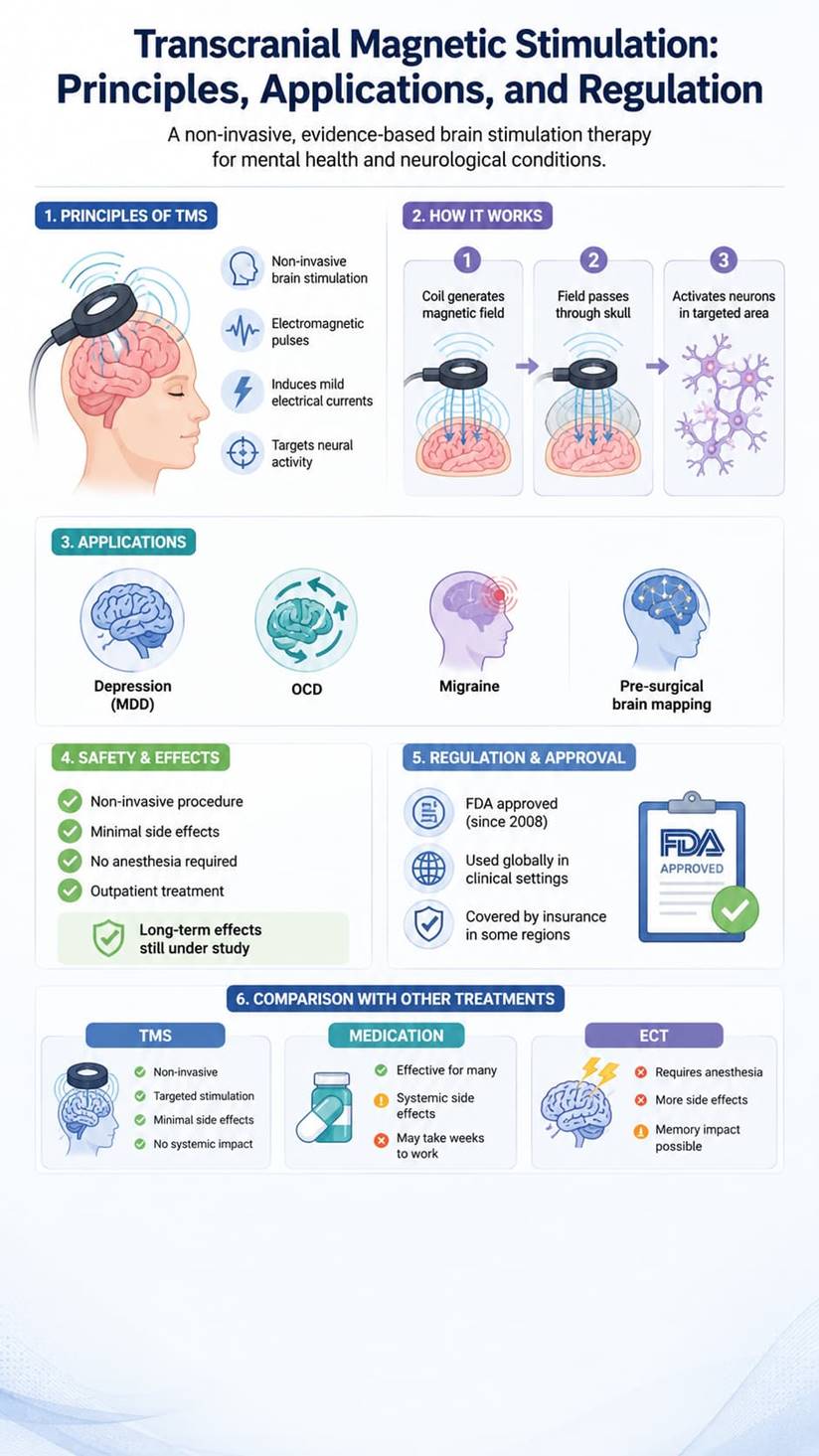 Infographic on TMS principles, applications, and safety. Key context for understanding what is the age range for TMS. 