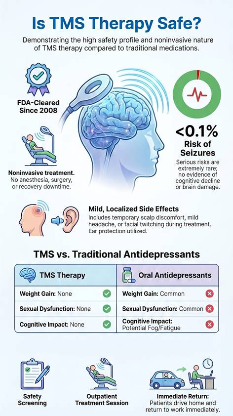 Infographic answering is TMS therapy safe, comparing TMS vs antidepressants with FDA clearance and side effect data.