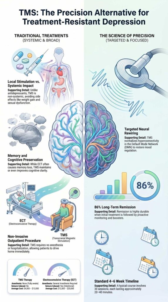 TMS precision alternative for treatment-resistant depression here any long-term effects of TMS vs ECT 