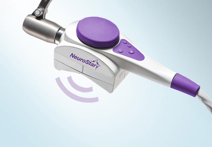 NeuroStar TMS coil device emitting magnetic pulse waves during treatment.