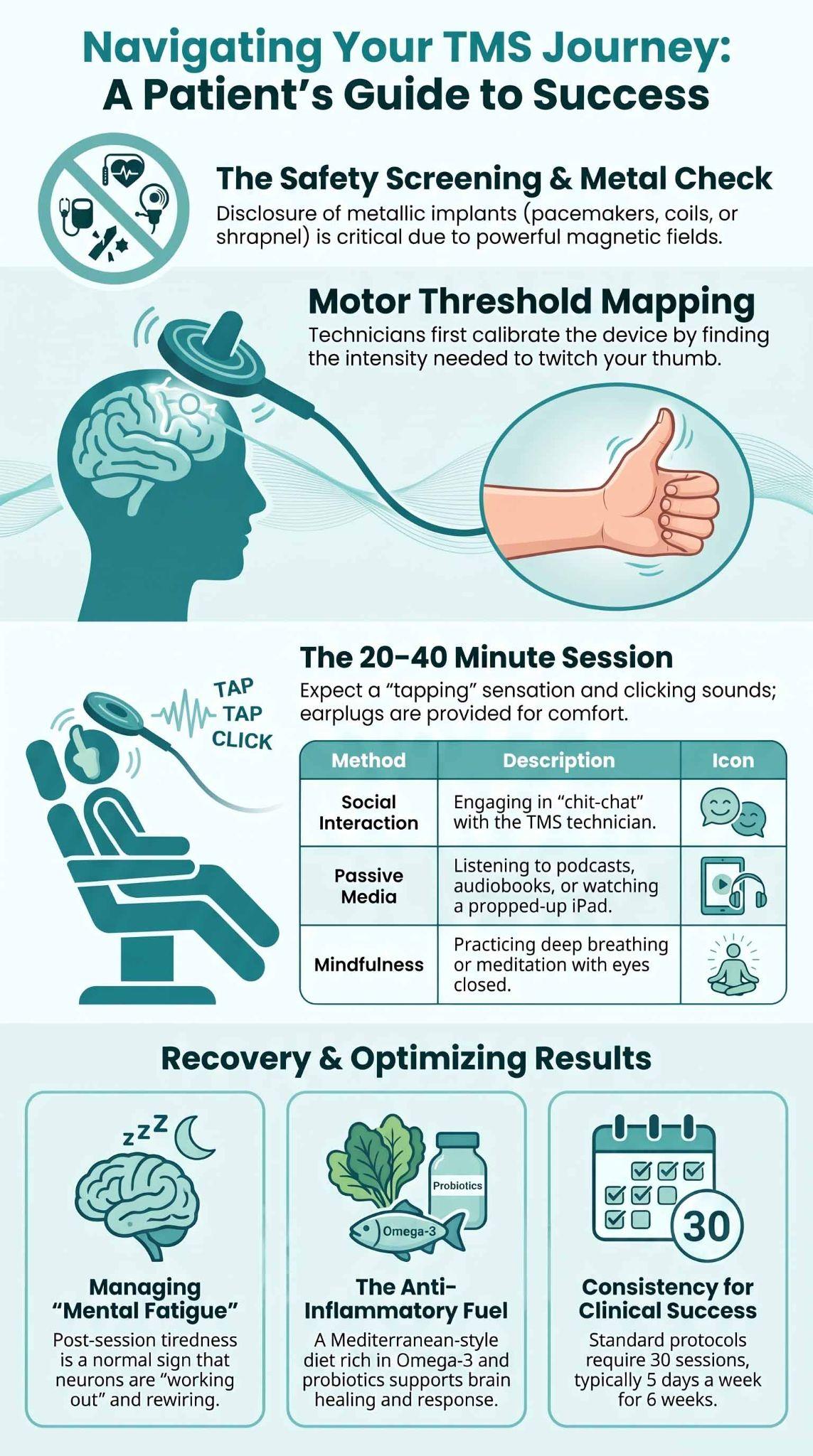 Infographic showing a patient guide with tips for staying alert and comfortable during TMS sessions