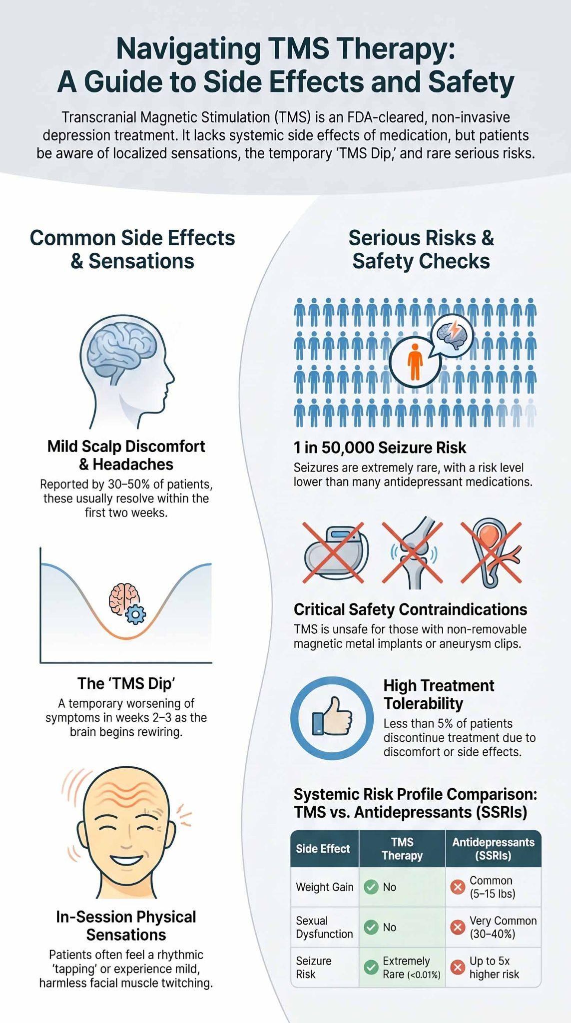 An infographic on side effects answering how painful is TMS therapy? with safety data.