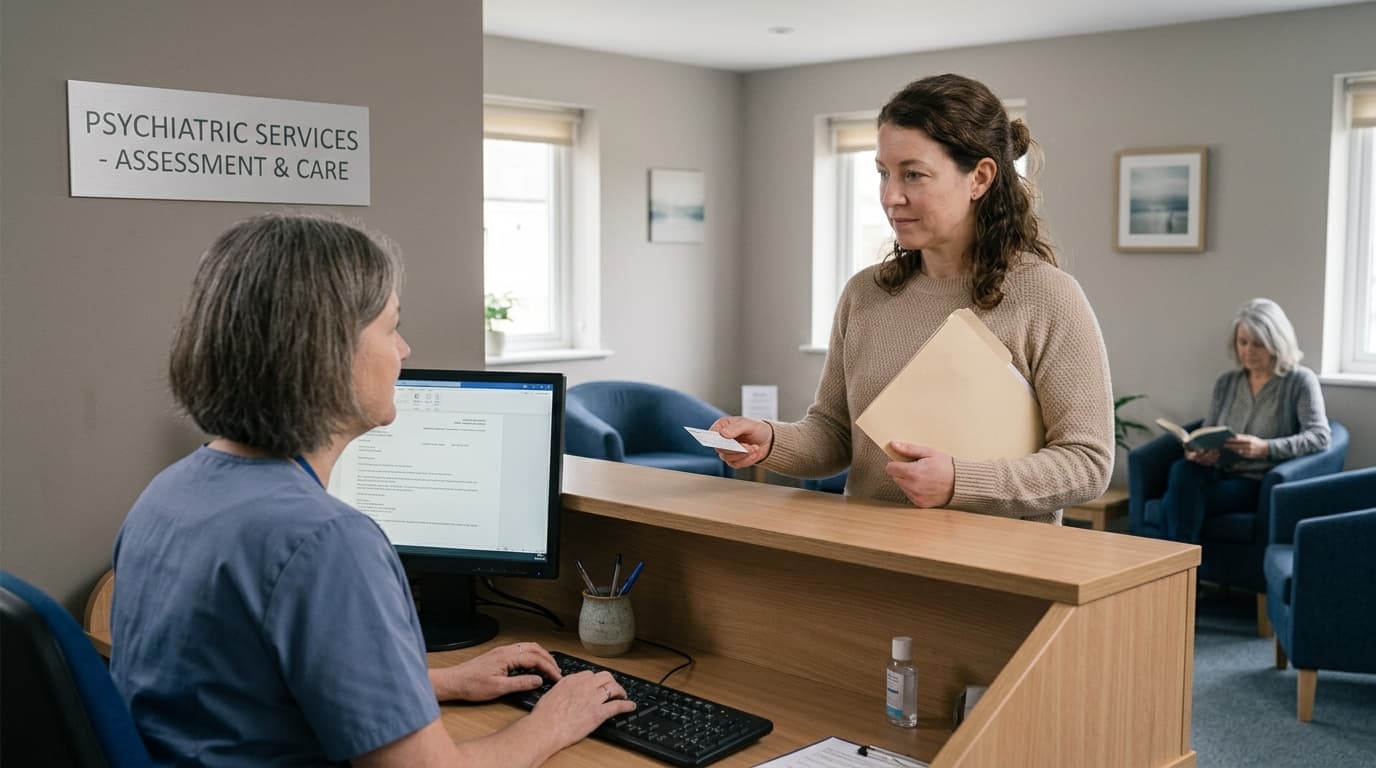 Patient checking in at a psychiatric services desk before starting afirst time TMS session.