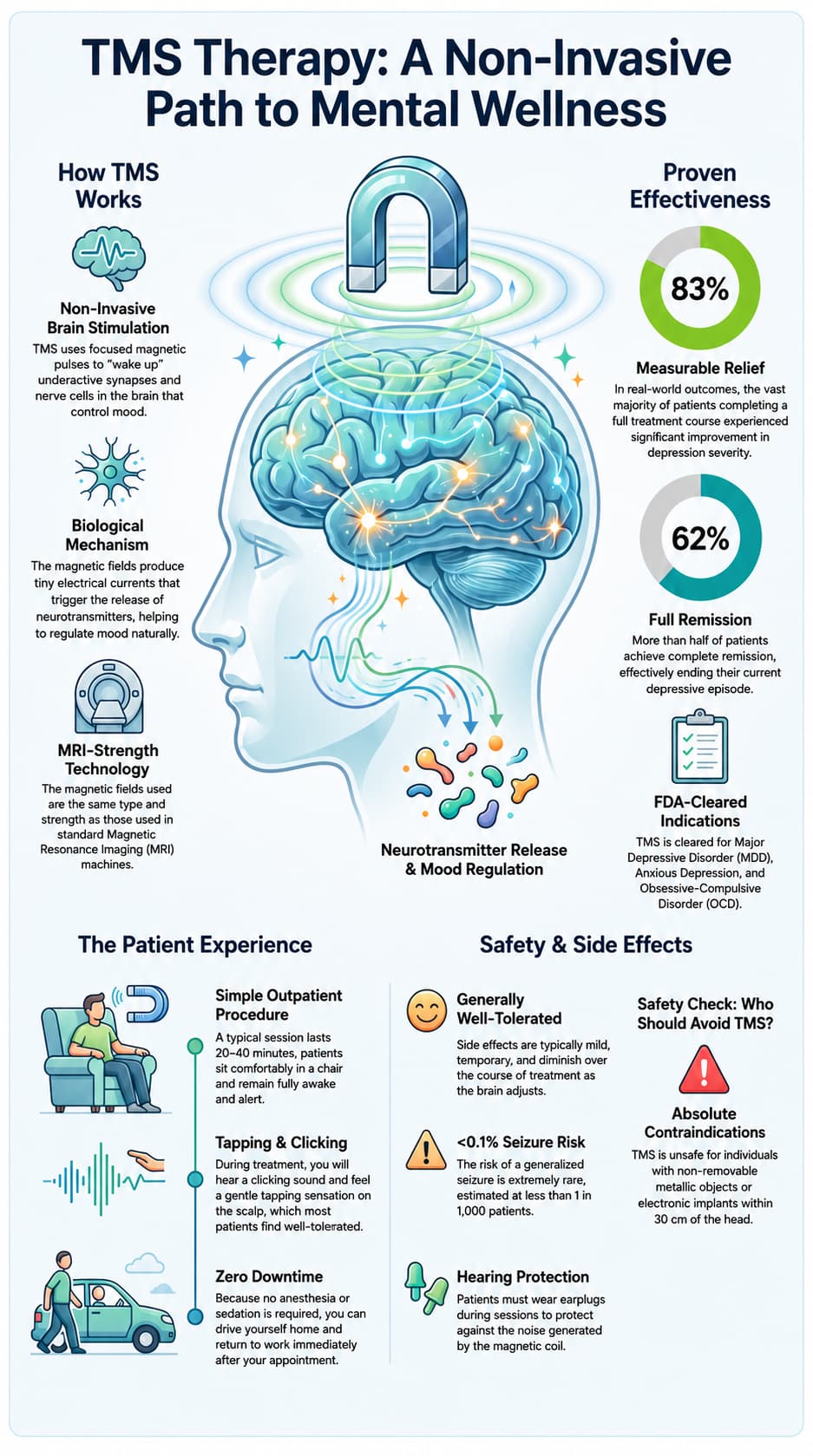 Infographic explaining how TMS works, its remission rates, and typical session schedule for OCD.