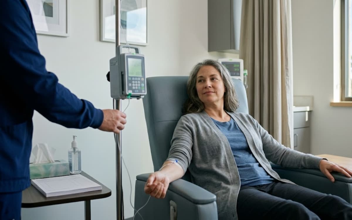 Nurse adjusting an IV infusion pump beside a seated patient receiving ketamine infusion therapy for depression.