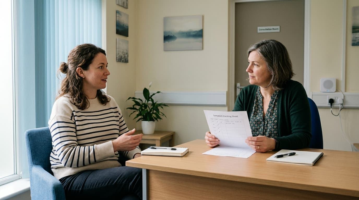 Patient discussing a symptom tracking sheet with a clinician during a TMS treatment check-in.
