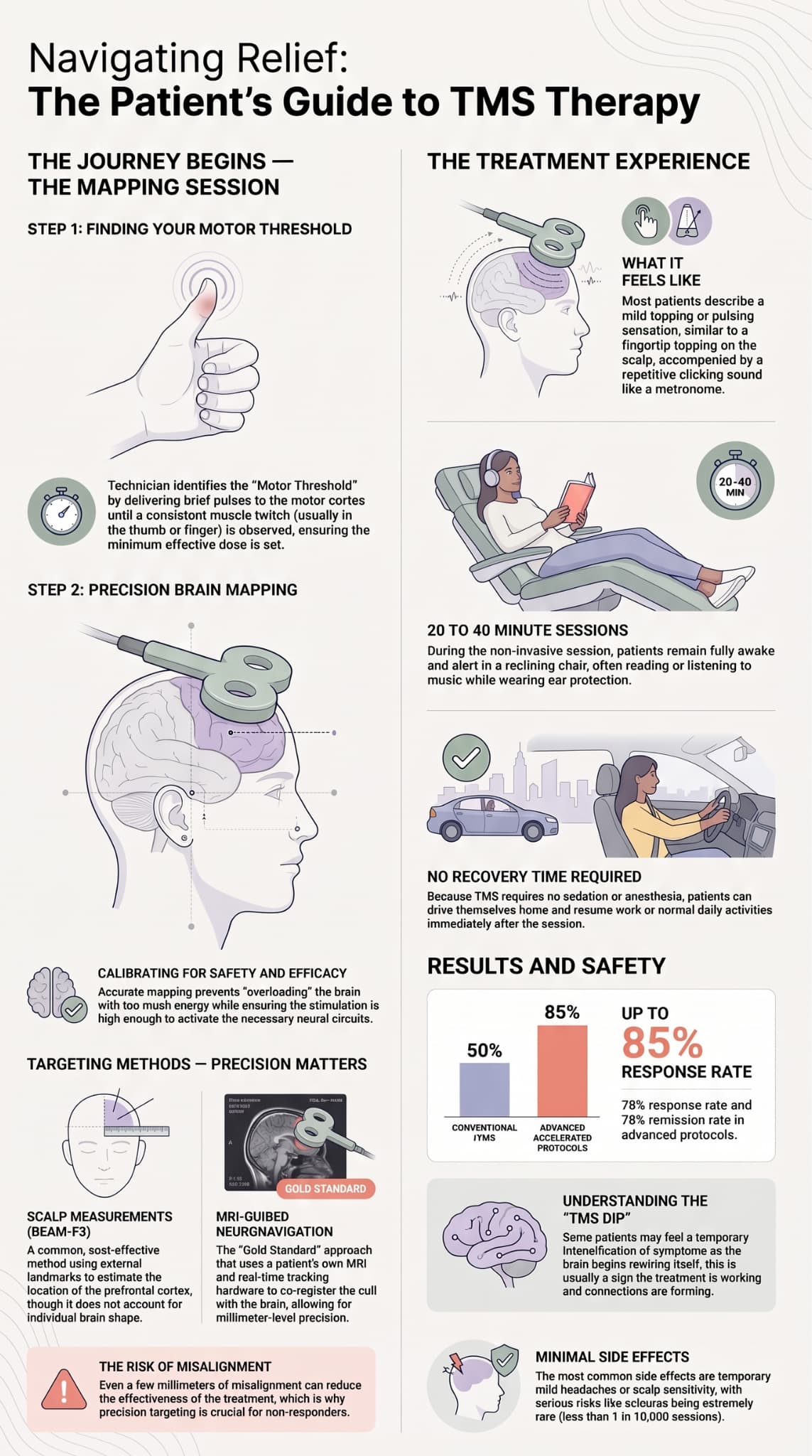 Infographic illustrating the clinical process and treatment protocol of transcranial magnetic stimulation.