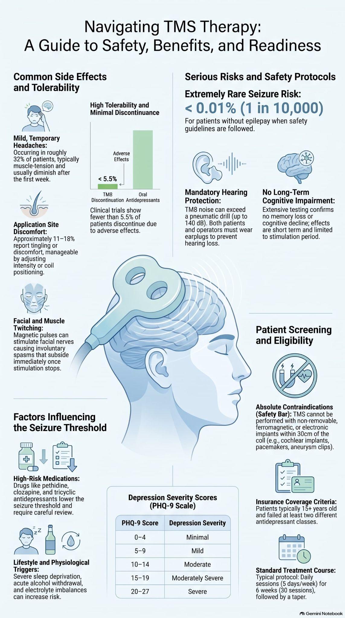 Infographic outlining safety screening protocols, potential mild side effects, and eligibility criteria for TMS.