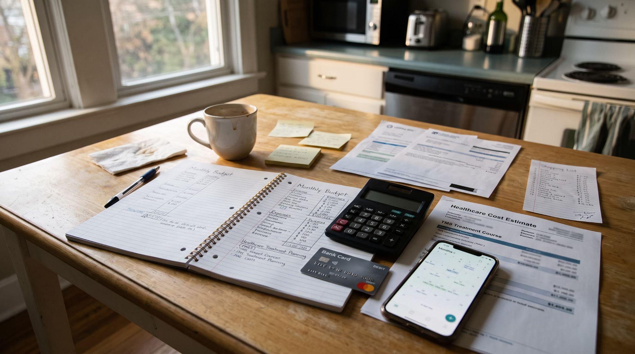Paperwork, calculator, and medical notes on a table showing healthcare financial planning.