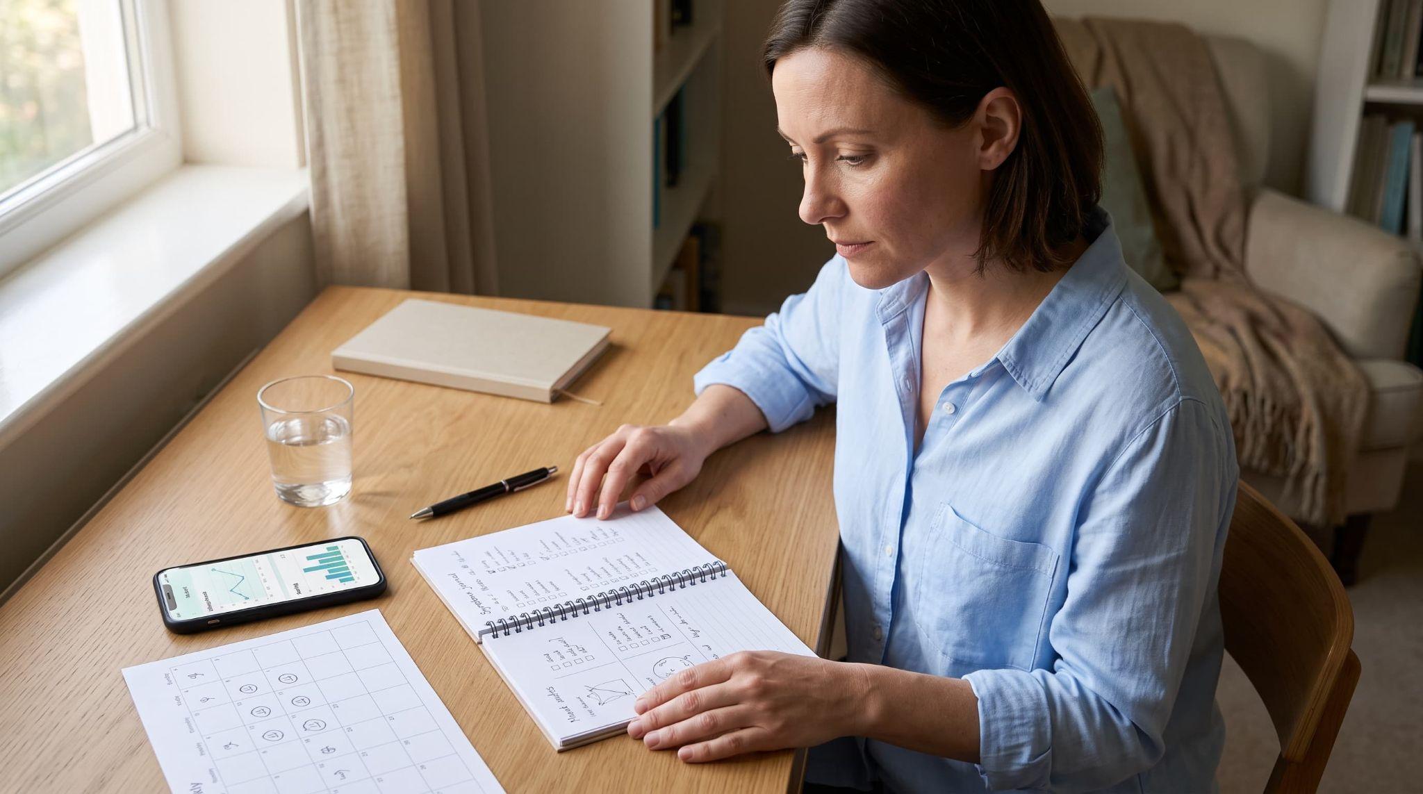 Patient tracking daily mood symptoms and reviewing clinical information at a desk.
