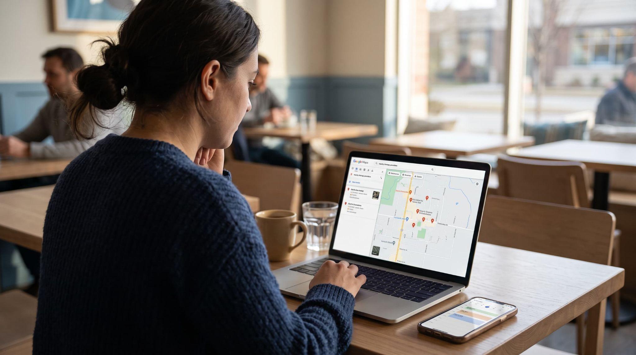 Woman using a laptop in a cafe while reviewing outpatient psychiatric treatment options.