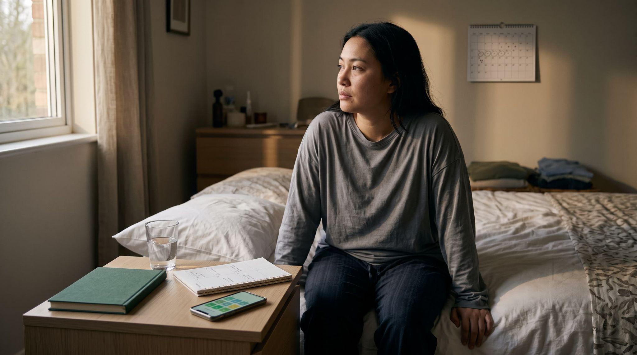 Woman sitting thoughtfully on her bed while considering advanced depression treatment options.
